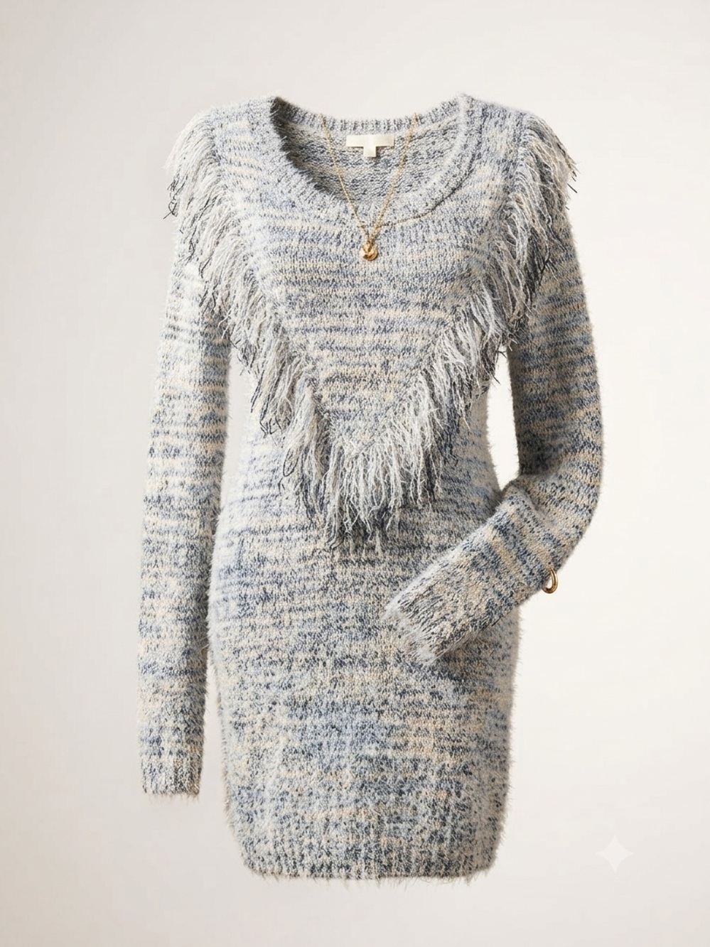 Gianni Bini Space Dye Fringe Eyelash Fuzzy Knit Sweater Dress Tunic L Blue Grey